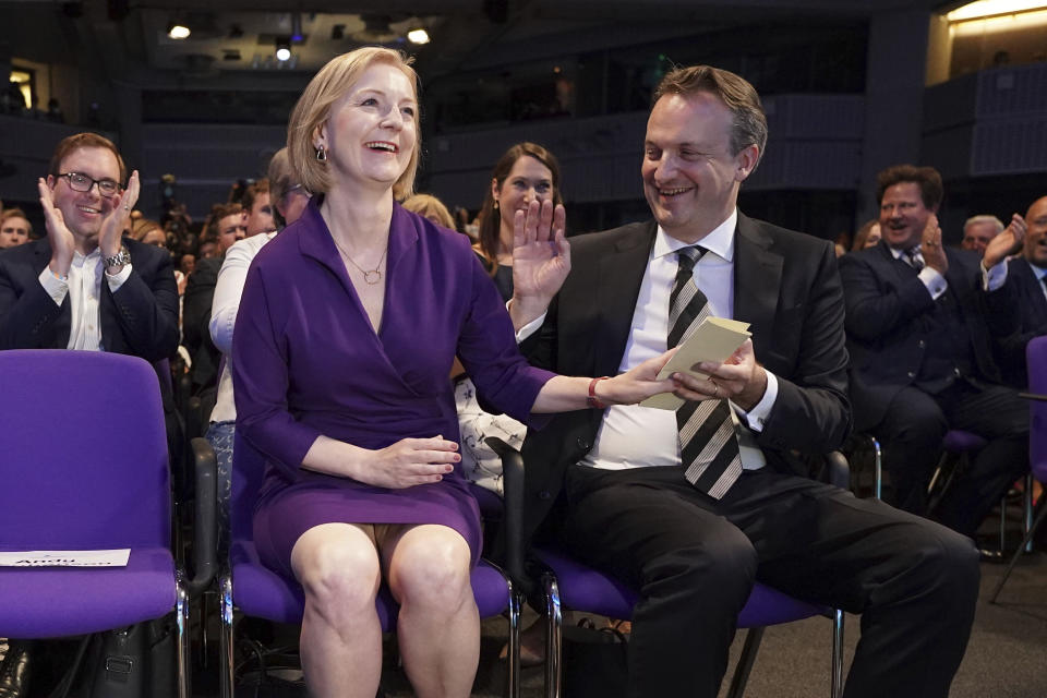 Liz Truss and her husband Hugh O'Leary as seen at the Queen Elizabeth II Centre in London, Monday Sept. 5, 2022. Britain’s Conservative Party has chosen Foreign Secretary Liz Truss as the party’s new leader, putting her in line to be confirmed as prime minister. Truss’s selection was announced Monday in London after a leadership election in which only the 180,000 dues-paying members of the Conservative Party were allowed to vote. (Stefan Rousseau/Pool Photo via AP)