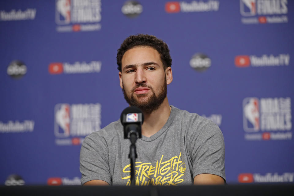 TORONTO, CANADA - MAY 29: Klay Thompson #11 of the Golden State Warriors answers questions during NBA Finals - Practice and Media Availability on May 29, 2019 at Scotiabank Arena in Toronto, Ontario, Canada. NOTE TO USER: User expressly acknowledges and agrees that, by downloading and/or using this photograph, user is consenting to the terms and conditions of the Getty Images License Agreement. Mandatory Copyright Notice: Copyright 2019 NBAE (Photo by Mark Blinch/NBAE via Getty Images)