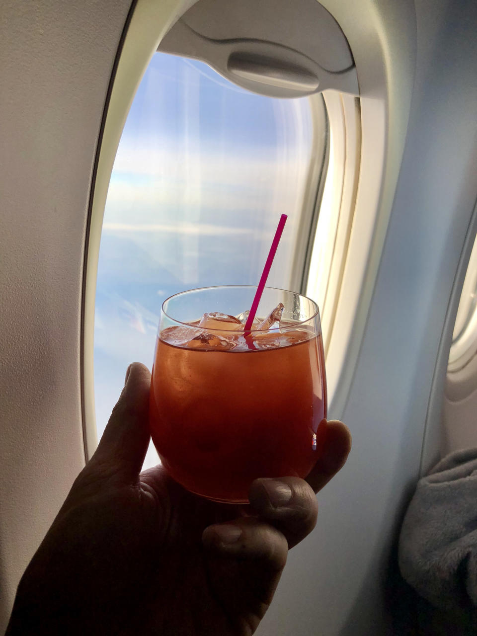 person showing off their Bloody Mary on the plane