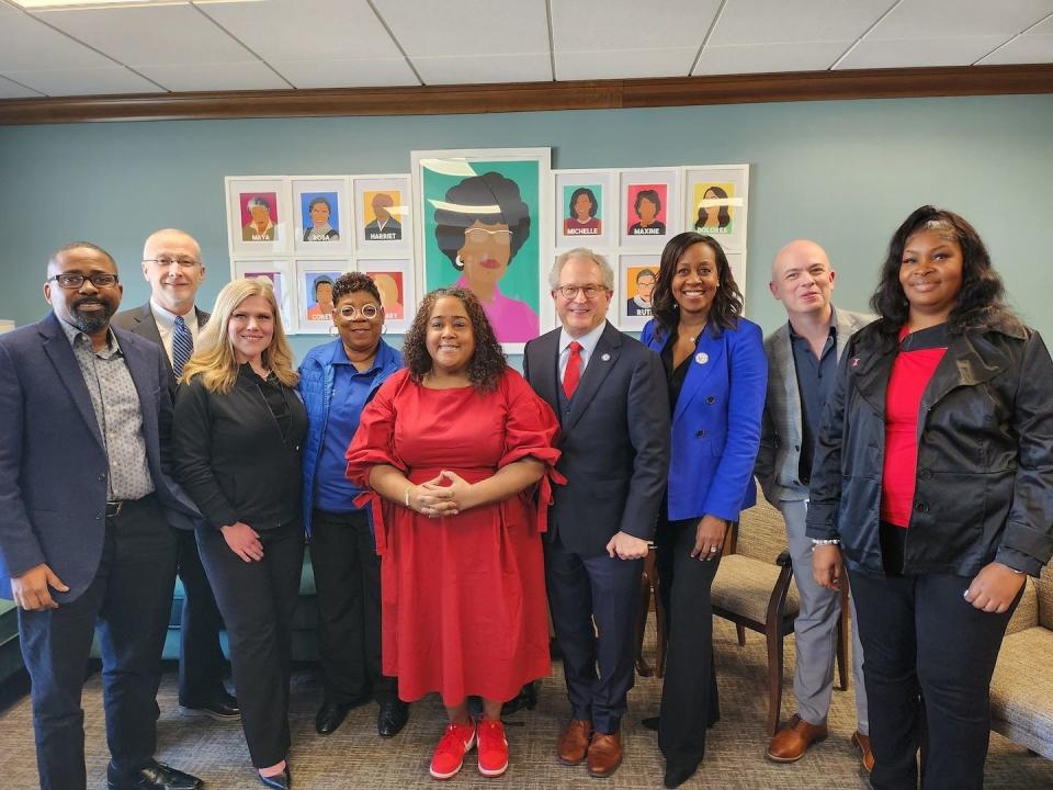 Six school board members for Memphis-Shelby County Schools pose with Rep. Mark White and Sens. Raumesh Akbari and Brent Taylor during a meeting at the Capitol on February 14, 2024.