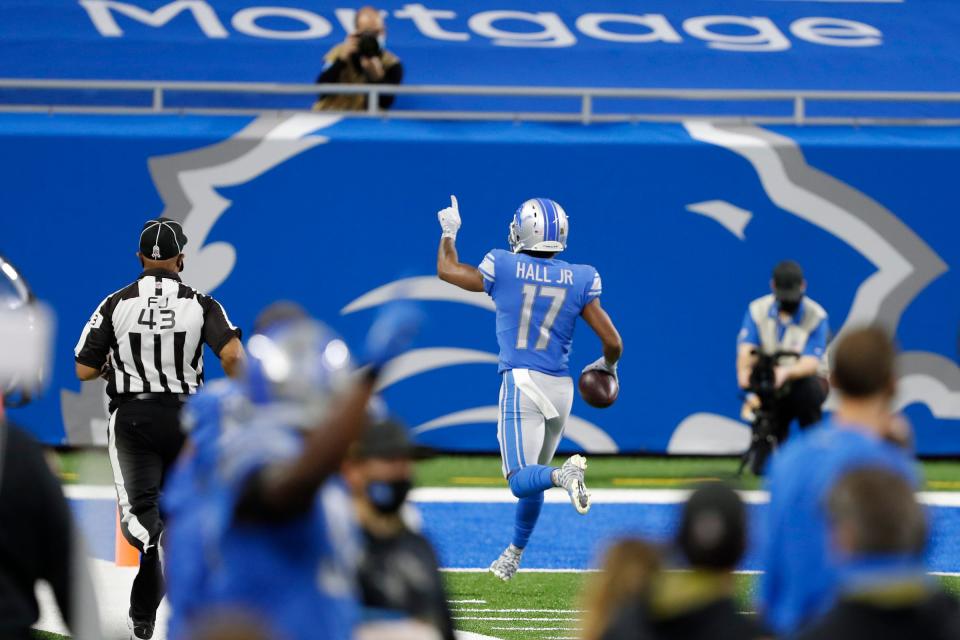 Lions wide receiver Marvin Hall runs after a catch for a touchdown against the Washington Football Team during the first half on Sunday, Nov. 15, 2020, at Ford Field.