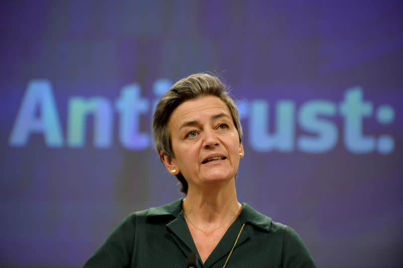 FILE PHOTO: European Executive Vice- President Margrethe Vestager gives a news conference on antitrust case at European Commission in Brussels