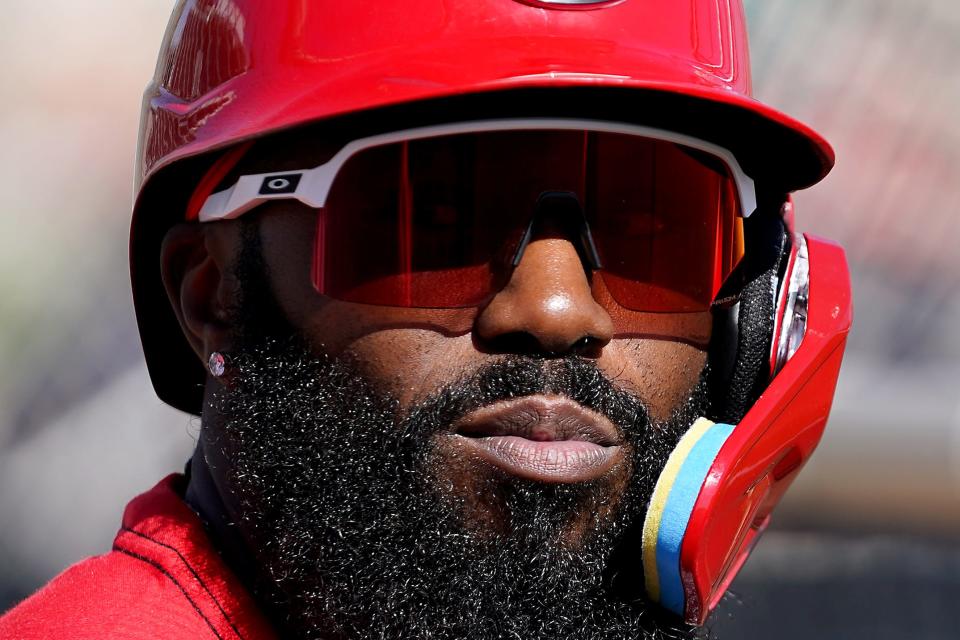 Cincinnati Reds outfielder Josh Harrison waits for his turn during live batting practice during Cincinnati Reds spring training workouts, Saturday, Feb. 17, 2024, in Goodyear, Ariz.