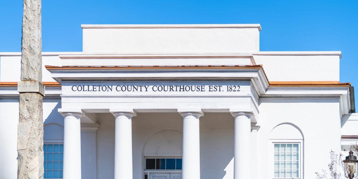 walterboro, usa colleton county courthouse clerk of court building sign at white architecture facade in south carolina city