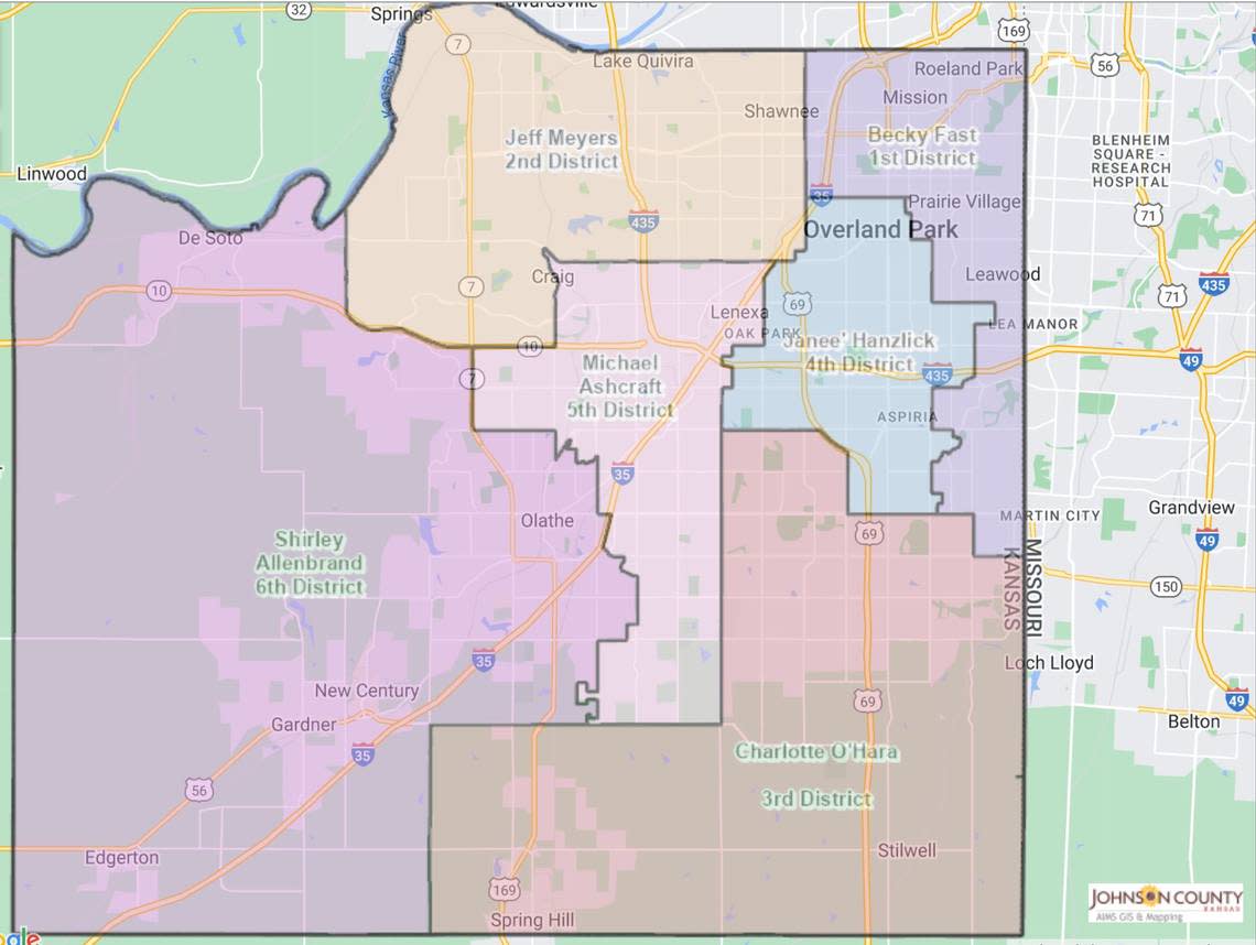 Johnson County is divided into six districts, and one county commissioner is elected to represent each district. The chairman represents all of Johnson County.