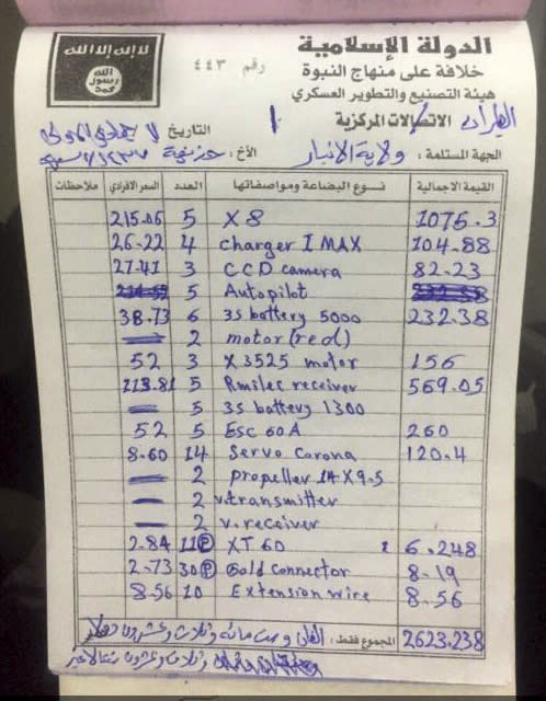 In this Tuesday, Jan. 31, 2017 photo, a receipt found in a drones workshop belonging to Islamic State militants. Islamic State is hacking store-bought drone technology, using rigorous testing and tactics that mimic those used by U.S. unmanned aircraft to adapt to diminishing numbers of fighters and a battlefield that is increasingly difficult to navigate on the ground. (AP Photo/ Khalid Mohammed)