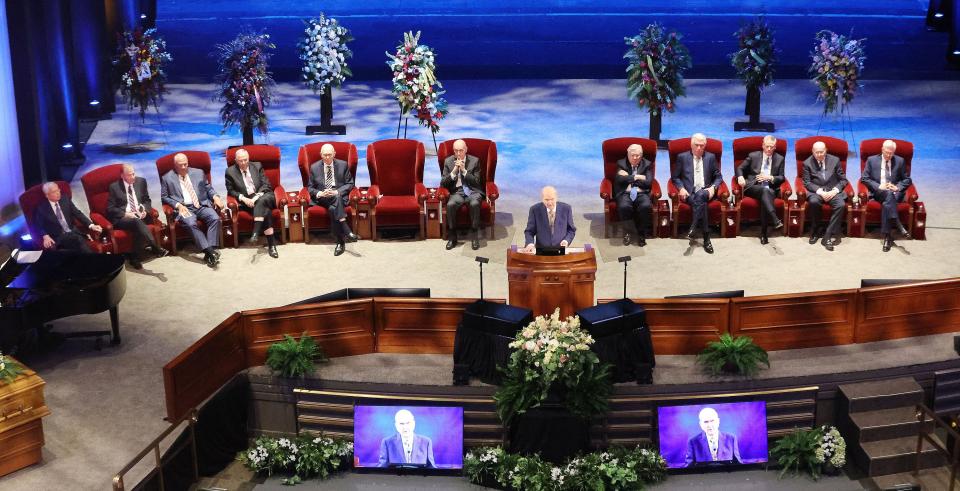 President Russell M. Nelson of The Church of Jesus Christ of Latter-day Saints speaks during Sister Patricia T. Holland’s funeral service at the Conference Center Theater in Salt Lake City on Friday, July 28, 2023. | Jeffrey D. Allred, Deseret News