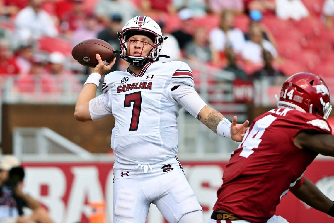 South Carolina quarterback Spencer Rattler (7), the former Oklahoma Sooners starter, has thrown for 1,121 yards this season but has also thrown more interceptions (seven) than touchdowns (four).