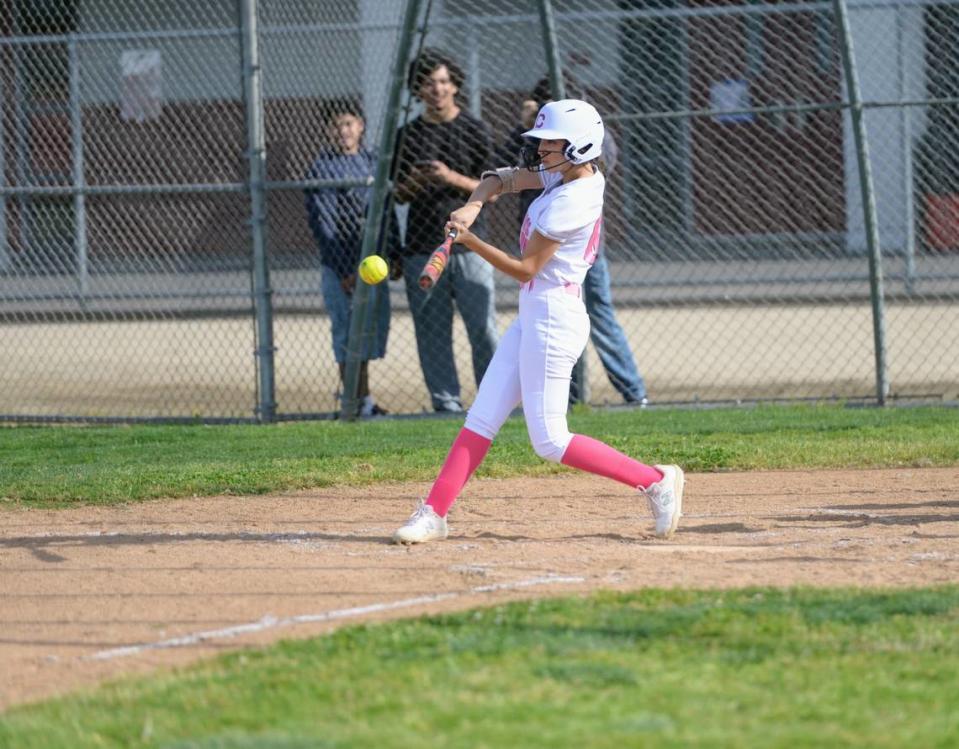 Ceres’ Isabela Giraldes makes contact with a pitch during a Western Athletic Conference matchup against Pacheco at Ceres High in Ceres, Calif. on Thursday, April 25, 2024.