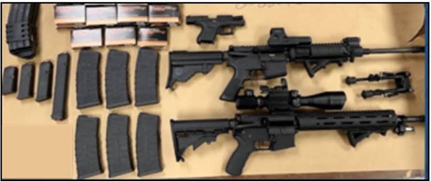 This image provided by the Richmond Va., police department shows weapons and ammunition seized in connection with an investigation related to a planned mass shooting on July 4th in Richmond, Va. Police said that they thwarted a planned July 4 mass shooting after receiving a tip that led to arrests and the seizure of multiple guns — an announcement that came just two days after a deadly mass shooting on the holiday in a Chicago suburb. (Richmond Police Department via AP)