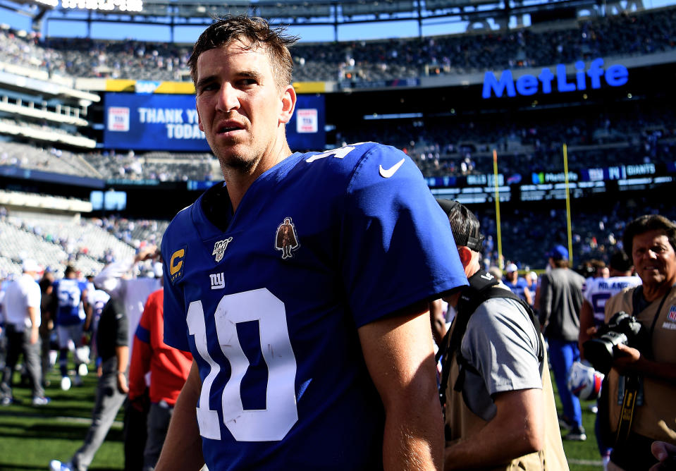 EAST RUTHERFORD, NEW JERSEY - SEPTEMBER 15: Eli Manning #10 of the New York Giants looks on after the Buffalo Bills defeat the New York Giants 28-14 at MetLife Stadium on September 15, 2019 in East Rutherford, New Jersey. (Photo by Sarah Stier/Getty Images)