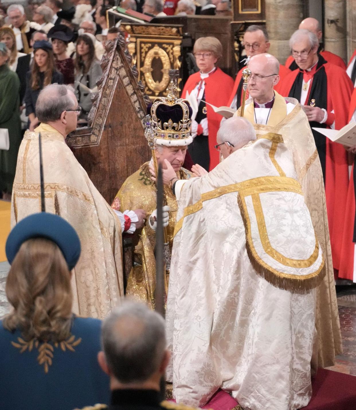 the archbishop of canterbury justin welby places the st edwards crown onto the head of britains king charles iii during the coronation ceremony inside westminster abbey in central london on may 6, 2023 the set piece coronation is the first in britain in 70 years, and only the second in history to be televised charles will be the 40th reigning monarch to be crowned at the central london church since king william i in 1066 outside the uk, he is also king of 14 other commonwealth countries, including australia, canada and new zealand camilla, his second wife, will be crowned queen alongside him and be known as queen camilla after the ceremony photo by jonathan brady pool afp photo by jonathan bradypoolafp via getty images