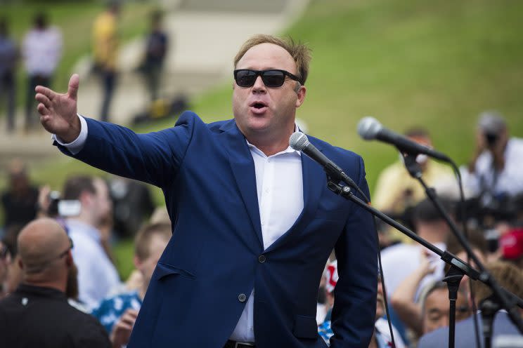 Alex Jones speaks during a rally in support of Donald Trump near the Republican National Convention in 2016. (Photo: Brooks Kraft/Getty Images)