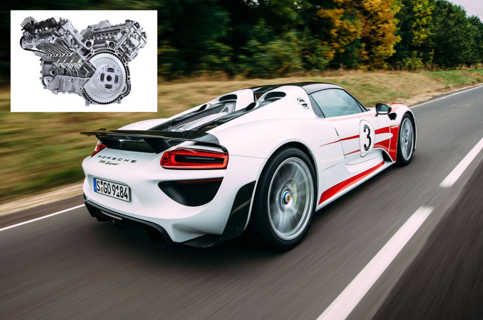 <p>A V8 engine layout is not often the first choice of designers seeking to build a high-revving engine. Then again, Porsche has always relished a <strong>challenge</strong>, so the 918 Spyder has a 4.6-litre V8. That’s smaller than many V8s, which helps each piston rise and fall more quickly inside the cylinders. Maximum power of <strong>600bhp</strong> arrives at 8600rpm, but keep your foot on the throttle and it runs into the limiter at 9150rpm.</p><p>The Porsche’s engine might not rev quite as highly as the Ferrari LaFerrari’s or have as much power, but the 918 Spyder is quicker from 0-62mph, taking <strong>2.8 seconds </strong>compared to the Italian’s 3.0 seconds.</p>