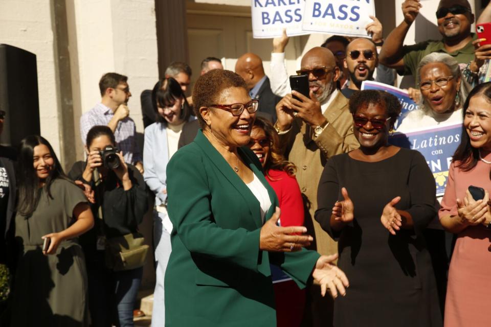 Los Angeles Mayor-elect Karen Bass addresses the crowd at the Wilshire Ebell Theater in Los Angeles.