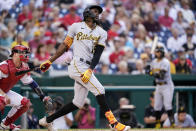 Pittsburgh Pirates' Oneil Cruz strikes out during the third inning of the team's baseball game against the Washington Nationals at Nationals Park, Tuesday, June 28, 2022, in Washington. (AP Photo/Alex Brandon)
