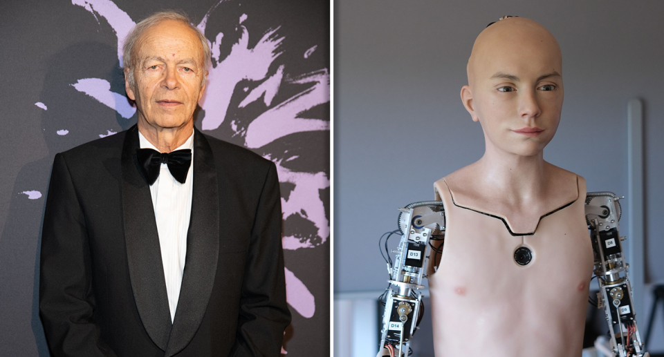 Left - Pete Singer in a suit. Right - a bald male robot. 