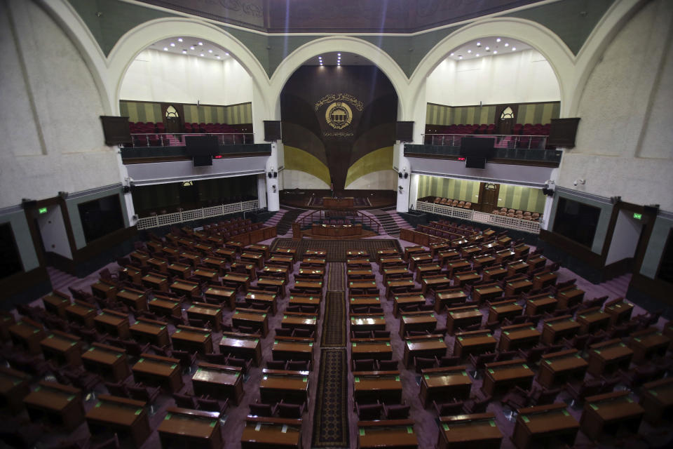 This Tuesday, Oct. 16, 2018 photo, shows the lower house of parliament, in Kabul, Afghanistan. Afghans will go to the polls for parliamentary elections on Saturday, hoping to bring change to a corrupt government that has lost nearly half the country to the Taliban. The Taliban have threatened the polls and warned teachers and students not to participate in the vote and not to allow schools to be used as polling centers. (AP Photo/Rahmat Gul)