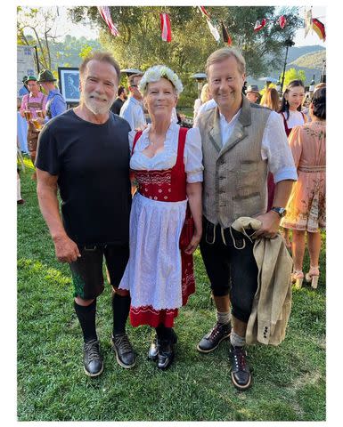 <p>Jamie Lee Curtis/Instagram</p> Jamie Lee Curtis, Arnold Schwarzenegger and chef Hans Rockenwagner pose for a photo during an October 2023 charity event.