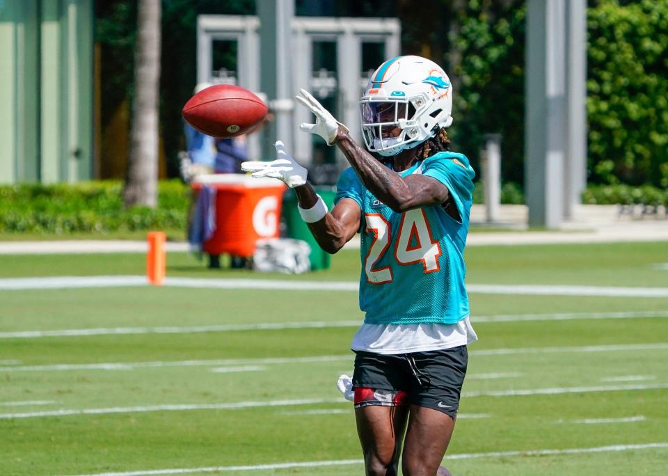 Miami Dolphins cornerback Cam Smith (24) participates at training camp at Baptist Health Training Complex, Sunday, July 30, 2023 in Miami Gardens.