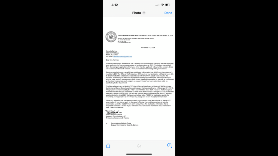 La carta a Fariñas del Departamento de Educación del Estado de Nueva York.