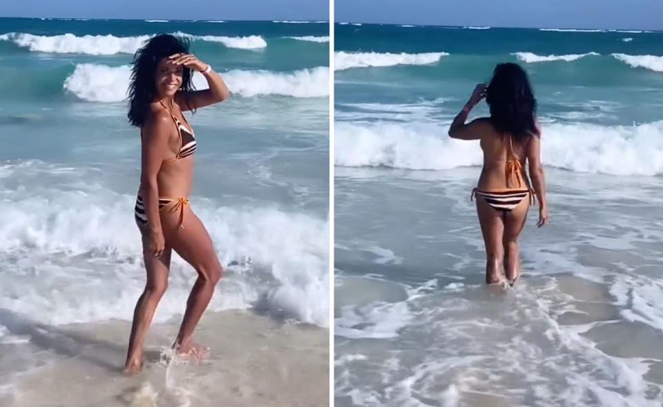 Two photos of Jenny Powell wearing a bikini in the sea