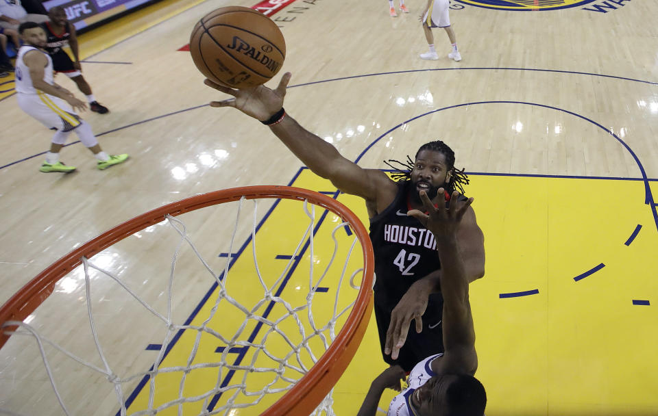 Houston Rockets center Nene (42) shoots against the Golden State Warriors during the second half of Game 1 of a second-round NBA basketball playoff series in Oakland, Calif., Sunday, April 28, 2019. (AP Photo/Jeff Chiu)