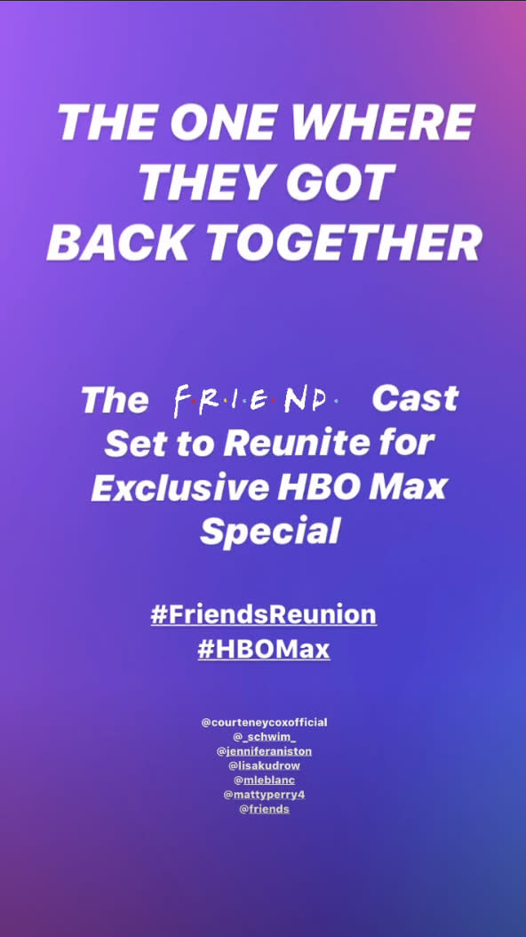 HBO announced the news of the 90's hit's comeback with a very 2020 Instagram story. Photo: Instagram/ HBO Max