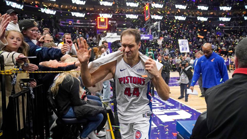 Pistons forward Bojan Bogdanovic walks off the court following the 154-148 overtime loss on Wednesday, Jan. 3, 2024, in Salt Lake City.