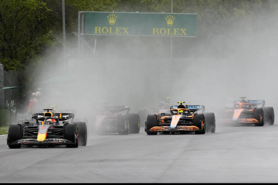 FILE - Red Bull driver Max Verstappen of the Netherlands leads during the Emilia Romagna Formula One Grand Prix, at the Enzo and Dino Ferrari racetrack, in Imola, Italy, Sunday, April 24, 2022. This weekend's Emilia-Romagna Grand Prix in northern Italy was canceled Wednesday, May 17, 2023, because of deadly floods in the region. Formula One said it made the decision for safety reasons and to avoid any extra burden on the emergency services, after consulting with Italian political figures. (AP Photo/Luca Bruno, File)