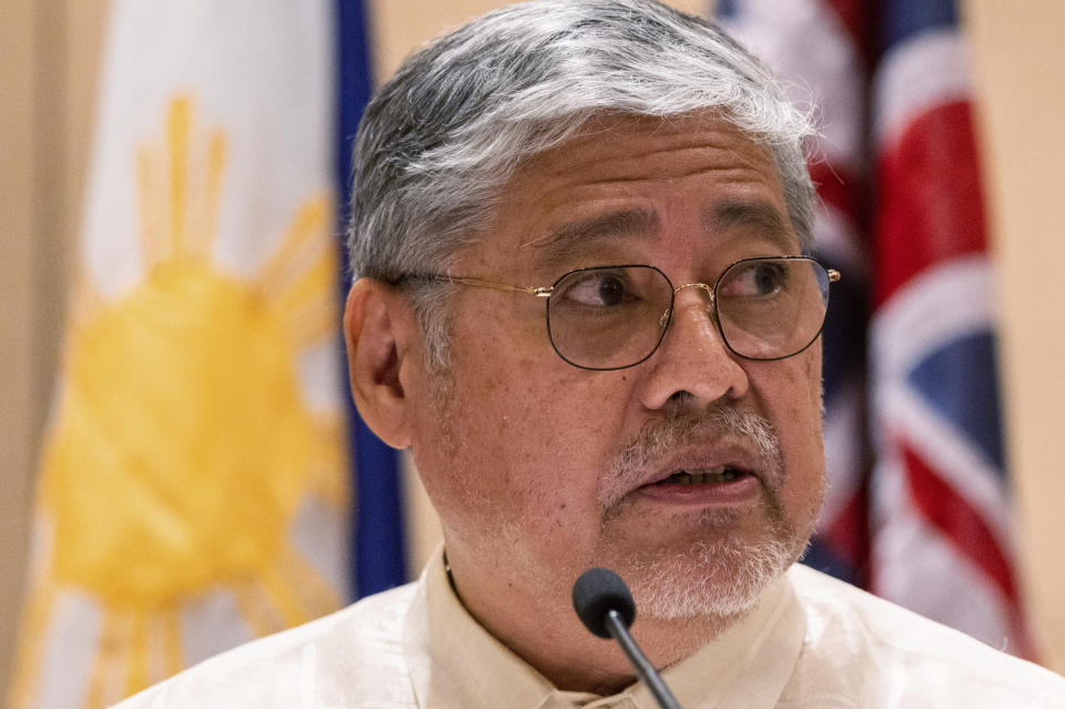 Philippine Foreign Affairs Secretary Enrique Manalo looks during a joint press conference with Australian Foreign Minister Penny Wong at a hotel in Makati City, Philippines on Thursday May 18, 2023. (Lisa Marie David/Pool Photo via AP)