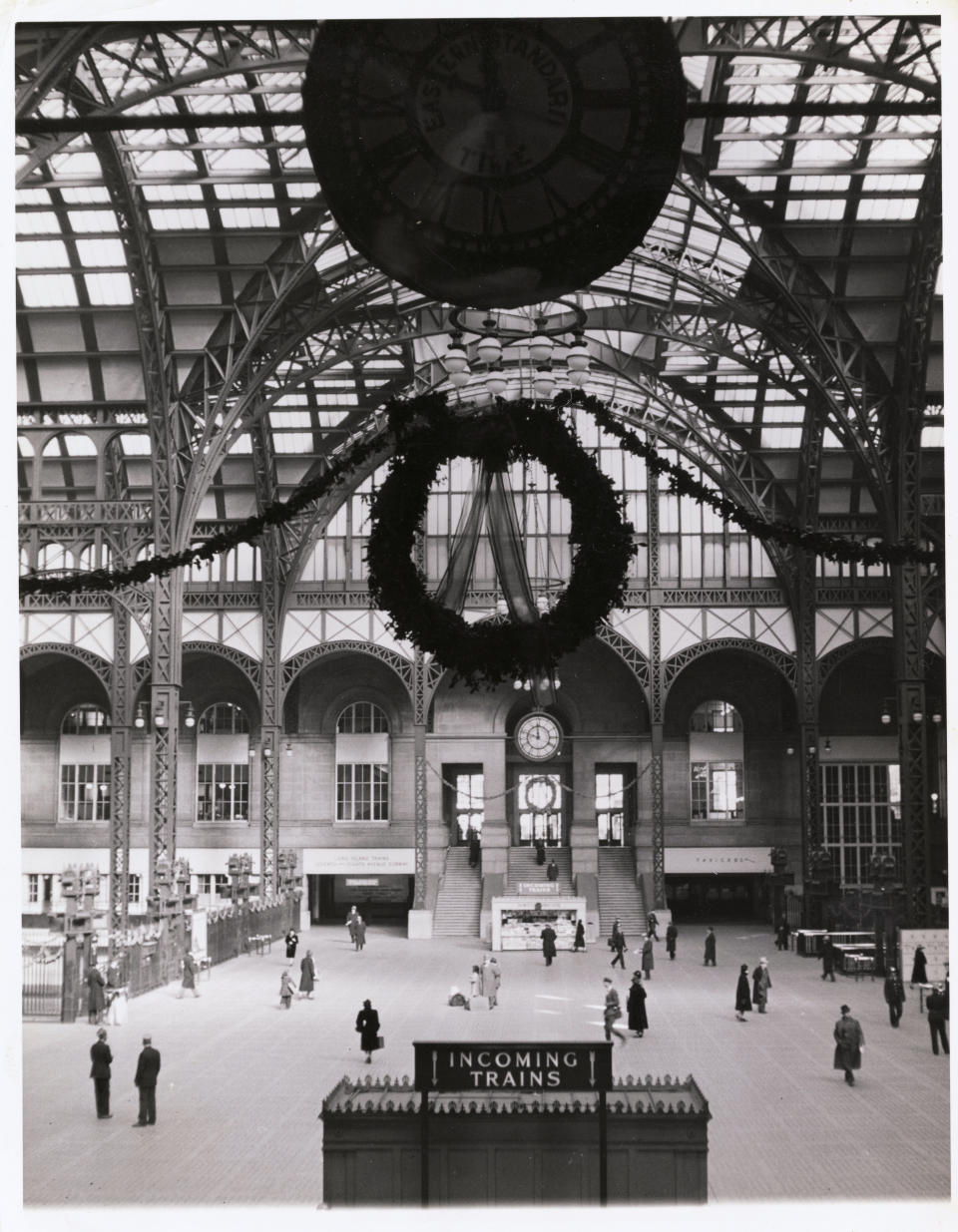 Pennsylvania Station in New York adorned with Christmas decorations.