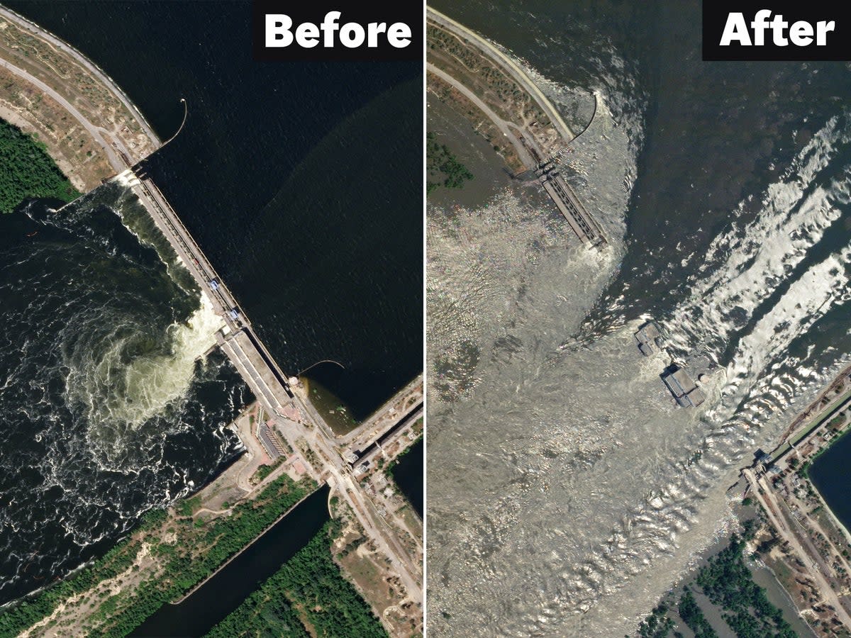 The Nova Kakhovka dam seen from above on 4 June and then on 6 June (Reuters)