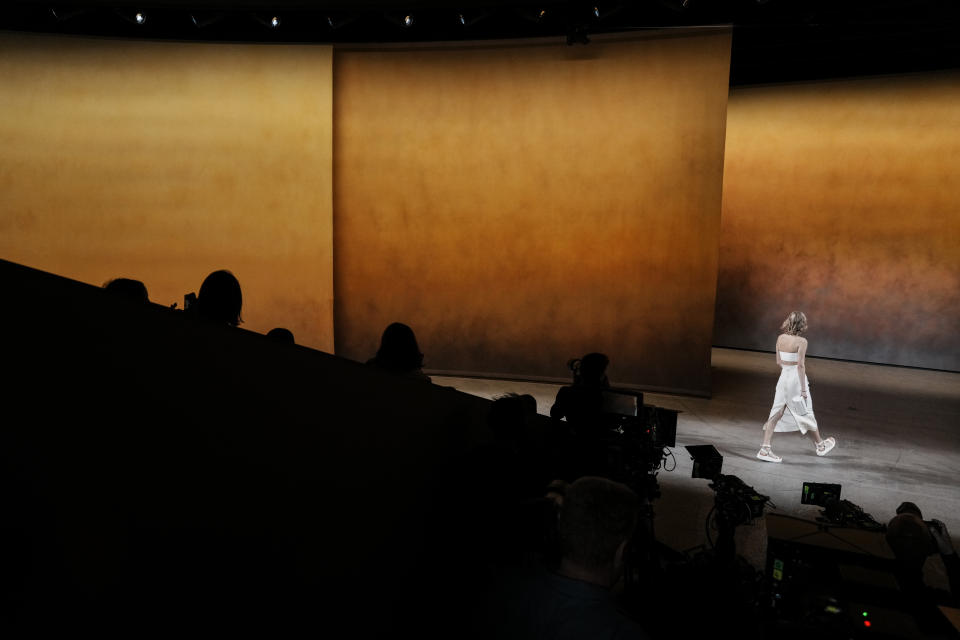 A model wears a creation for the Hermes Spring-Summer 2022 ready-to-wear fashion show presented Saturday, Oct. 2, 2021, in Paris. (AP Photo/Thibault Camus)