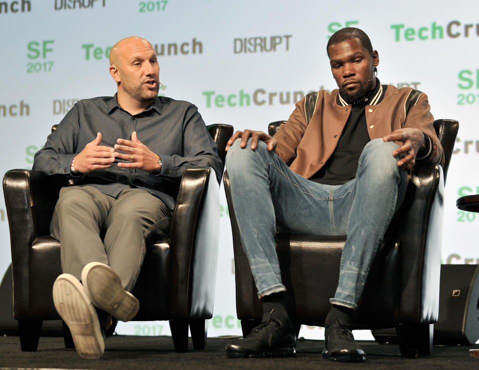 SAN FRANCISCO, CA - SEPTEMBER 19:  Durant Company/Thirty Five Media Partner Rich Kleiman (L) and NBA Player and Durant Company/Thirty Five Media Partner Kevin Durant speak onstage during TechCrunch Disrupt SF 2017 at Pier 48 on September 19, 2017 in San Francisco, California.  (Photo by Steve Jennings/Getty Images for TechCrunch)