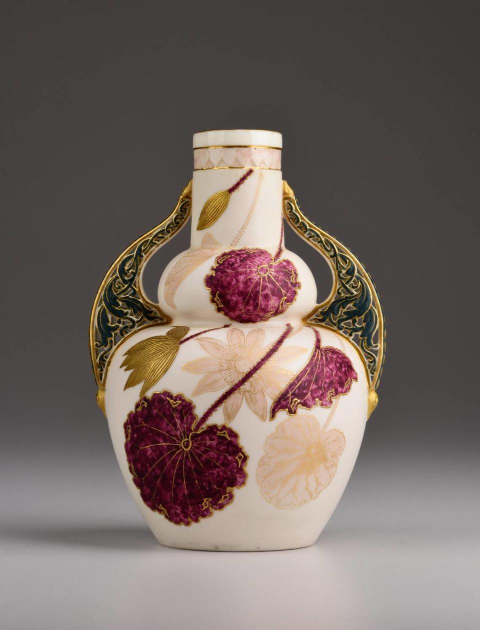 Willets Manufacturing Company (Trenton, N.J., 1879-1909), James Callowhill (English, 1838-1917). Vase, circa 1887-89, Belleek porcelain, ivory glaze, polychrome enamels, flat and raised gold decoration. The Lenox/Belleek exhibit runs from Sept. 23 to Jan. 21, 2024 at Mint Museum Randolph.
