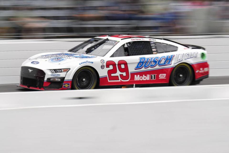 May 19, 2023; North Wilkesboro, North Carolina, USA; NASCAR Cup Series driver Kevin Harvick (29) on the front stretch during Cup practice at North Wilkesboro Speedway. Mandatory Credit: Jim Dedmon-USA TODAY Sports