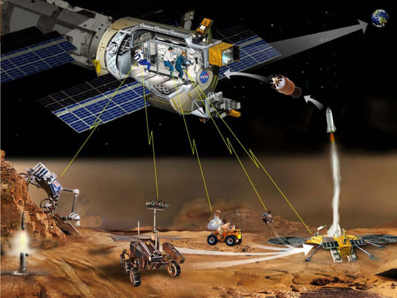 Safely tucked inside orbiting habitat, space explorers use telepresence to operate machinery on Mars, even lobbing a sample of the Red Planet to the outpost for detailed study. This technology could also find use in investigating hellish Venus.