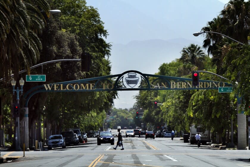 A welcome sign on 6th Street greets visitors in San Bernardino