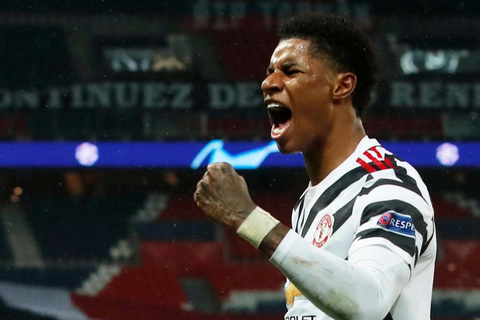 Manchester United's Marcus Rashford celebrates after scoring against Paris St Germain. He is odds-on favourite to win SPOTY: REUTERS