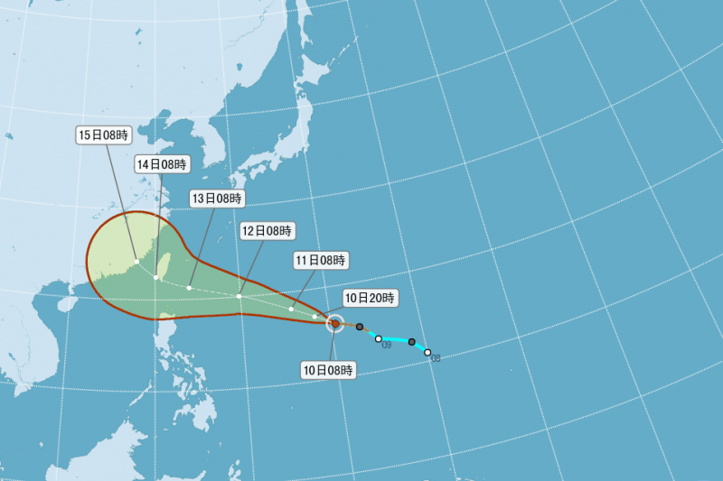 2017-09-10-中央氣象局針對輕颱泰利路徑預估。（取自氣象局網站）