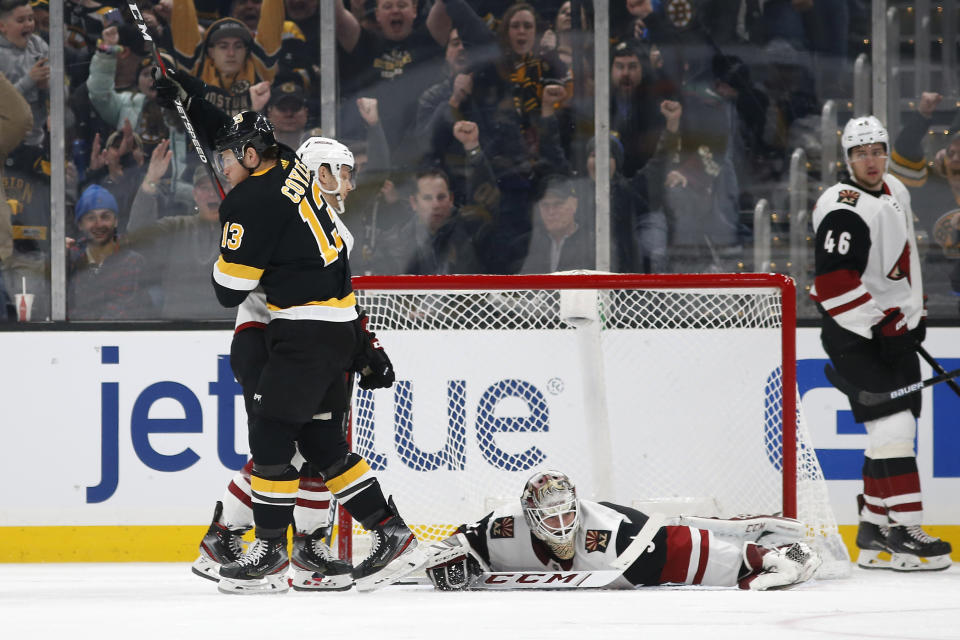 Boston Bruins' Charlie Coyle celebrates his goal on Arizona Coyotes goaltender Adin Hill during the second period of an NHL hockey game Saturday, Feb. 8, 2020, in Boston. (AP Photo/Winslow Townson)