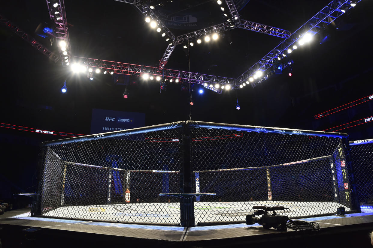 General view of the empty octagon before UFC Fight Night at VyStar Veterans Memorial Arena. Mandatory Credit: Jasen Vinlove-USA TODAY Sports