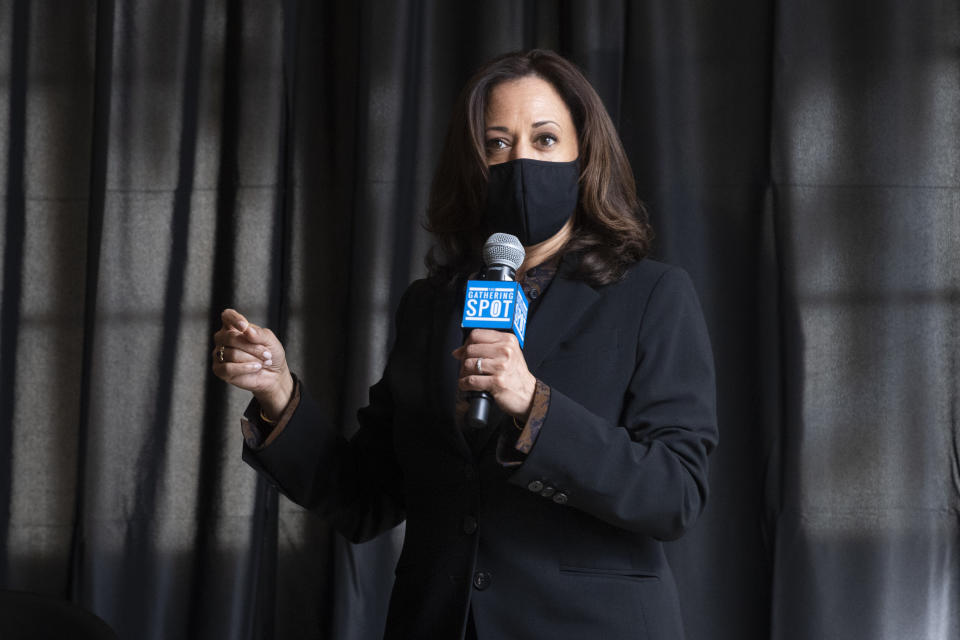 Democratic vice presidential candidate Sen. Kamala Harris, D-Calif., speaks to HBCU students during a campaign event, Friday, Oct. 23, 2020, in Atlanta. (AP Photo/John Amis)