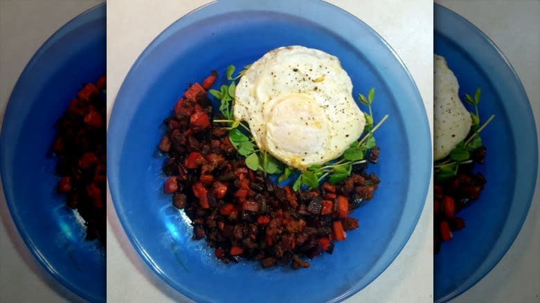 Red flannel hash with fried egg