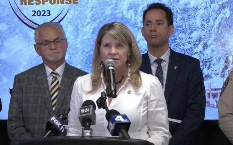 San Bernardino County Board of Supervisors Chair Dawn Rowe leads a press conference on Friday to update residents on efforts to recover from the recent snowstorms in local mountain communities.