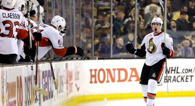 Ottawa Senators left wing Alexandre Burrows (14) celebrates his goal against the Boston Bruins. (Elise Amendola/AP)