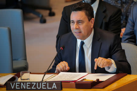 Venezuelan Ambassador to the United Nations Samuel Moncada addresses the United Nations Security Council at U.N. headquarters in New York, U.S, April 10, 2019. REUTERS/Brendan McDermid