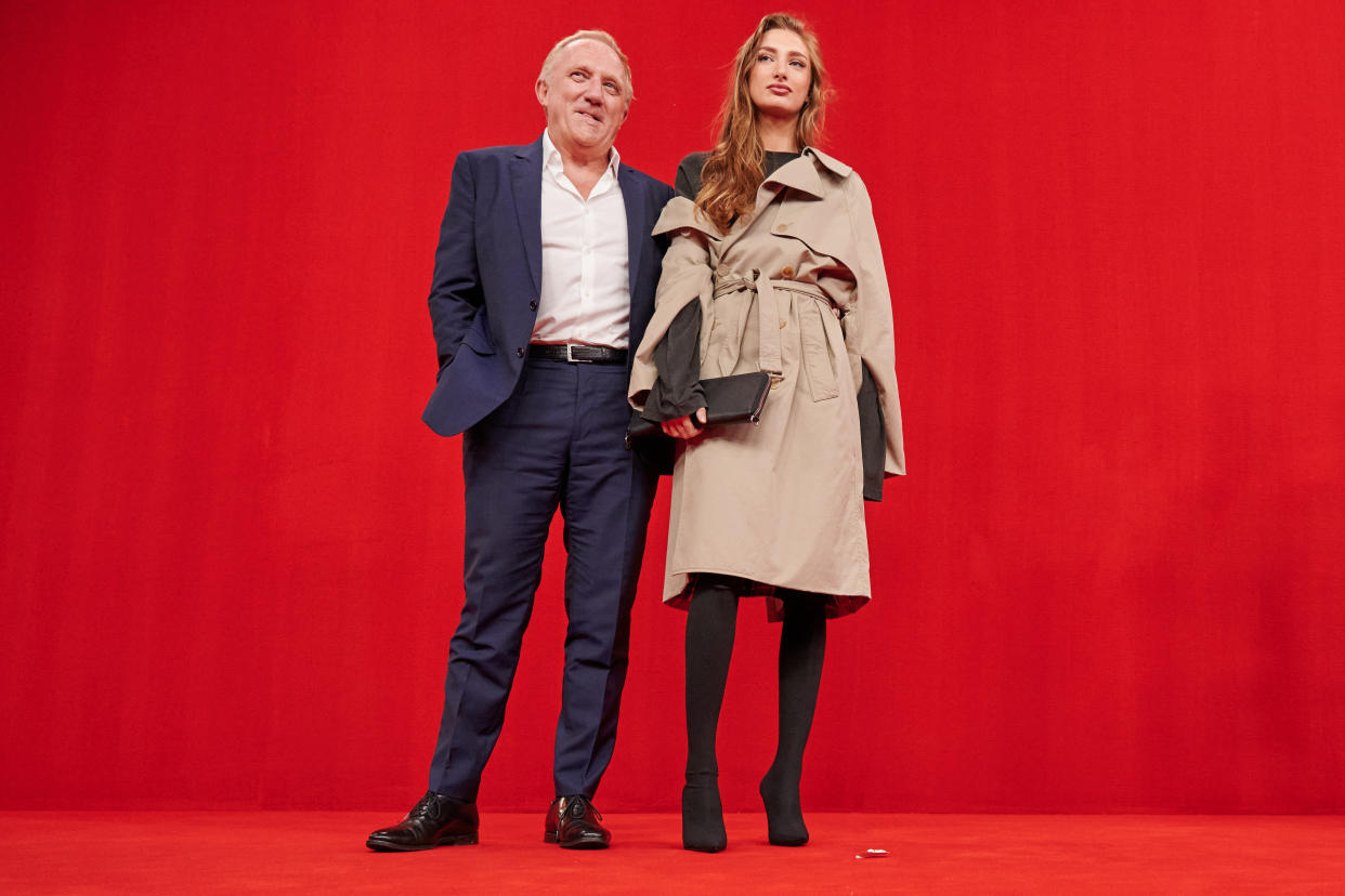 PARIS, FRANCE - OCTOBER 02: (EDITORIAL USE ONLY - For Non-Editorial use please seek approval from Fashion House) (L-R) CEO of Kering Group, François-Henri Pinault and Mathilde Pinault  pose on the runway during the Balenciaga Womenswear Spring/Summer 2022 show as part of Paris Fashion Week at Theatre Du Chatelet on October 02, 2021 in Paris, France. (Photo by Peter White/Getty Images)
