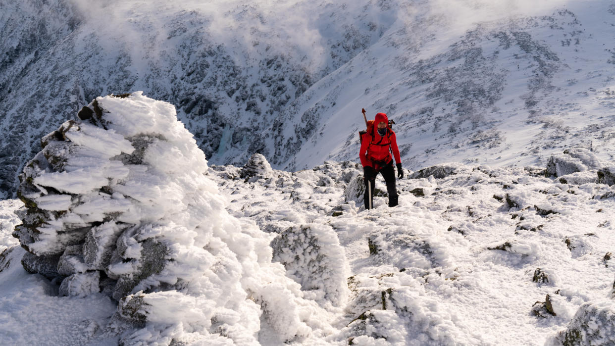  A climber on snow mount washington NH. 